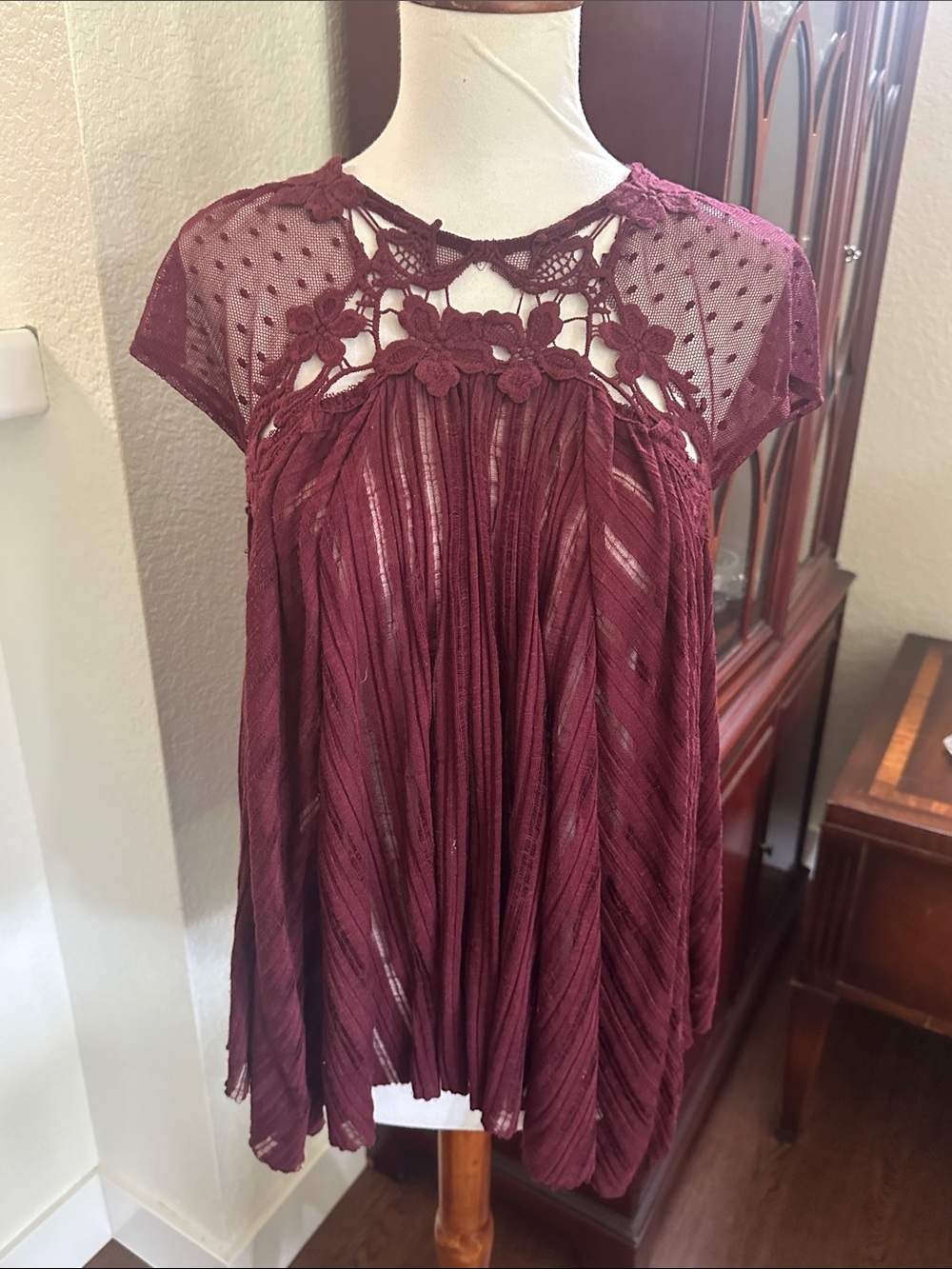Free People Burgundy Floral Lace Yoke Pleated Tunic Top